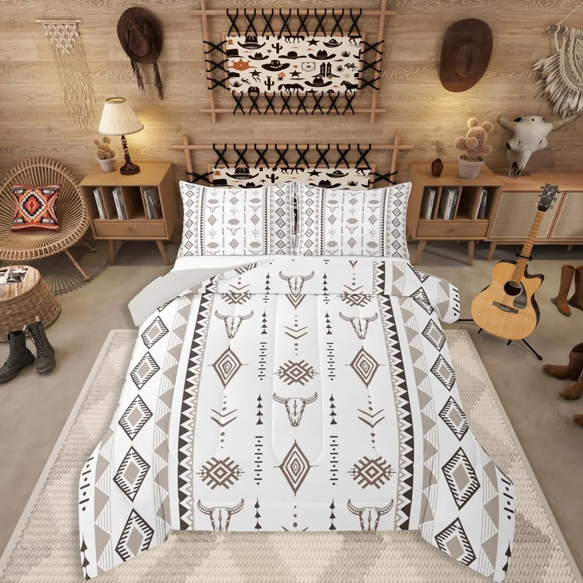Feelyou Western Bull Skull Breathable Microfiber Bed Comforter Set - Bohemian Aztec Southwestern Native Geometric Farmhouse Decorative Boho Duvet Set, Boho Bed Set