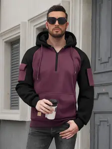 Men's quarter-zip multi-pocket hooded sweatshirt, solid color & minimalist style, 1/4 zip design, kangaroo pocket plus practical side pockets, polyester fabric, thick and warm, casual and versatile, ideal for outdoor activities and daily outings in spring