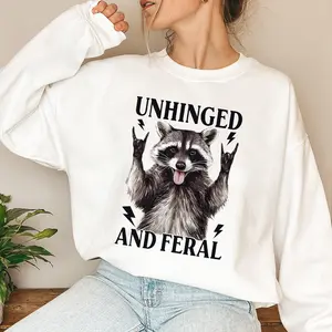 Unhinged And Feral Raccoon Funny Vintage Graphic Unisex T-Shirt, Christmas Fashion Loose Casual Long Sleeve Sweatshirt for Daily Holiday Outdoor Wear, Women Clothes for Fall & Winter