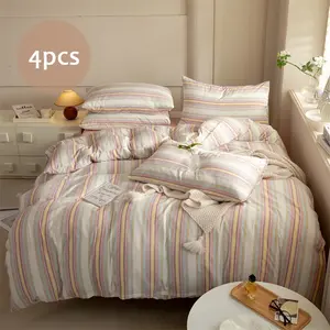 4pcs Bedding Set, Colorful Striped Print Duvet Cover, Zipper Closure, Plain Sheet, All-Season Use, Nordic Modern Minimalist Style, Soft Bedding Sets