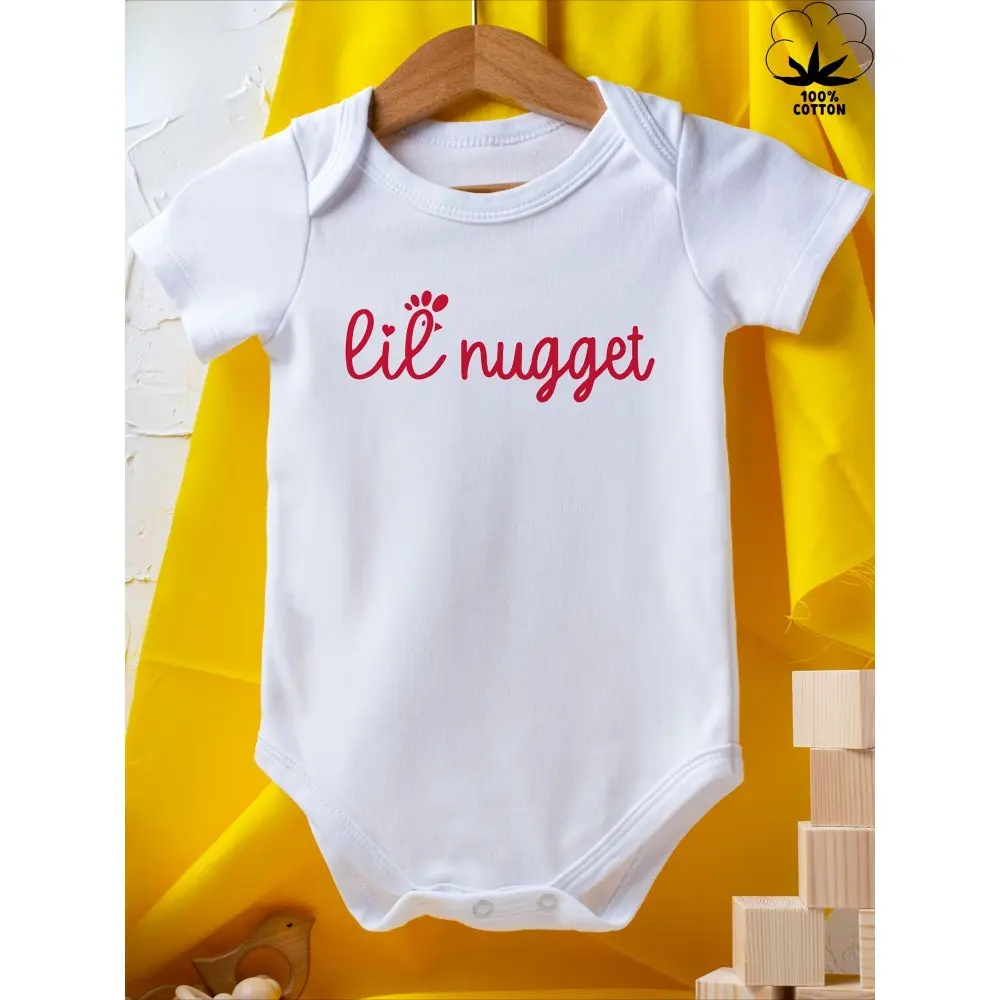 White Baby Bodysuit in Soft Cotton, Lightweight Newborn Onesie with Lil Nugget Graphic Print, Unisex Crew Neck for a Cute Look, Newborn Onesies, Front Print, Graphic Figure, Newborn Outfits, Nb