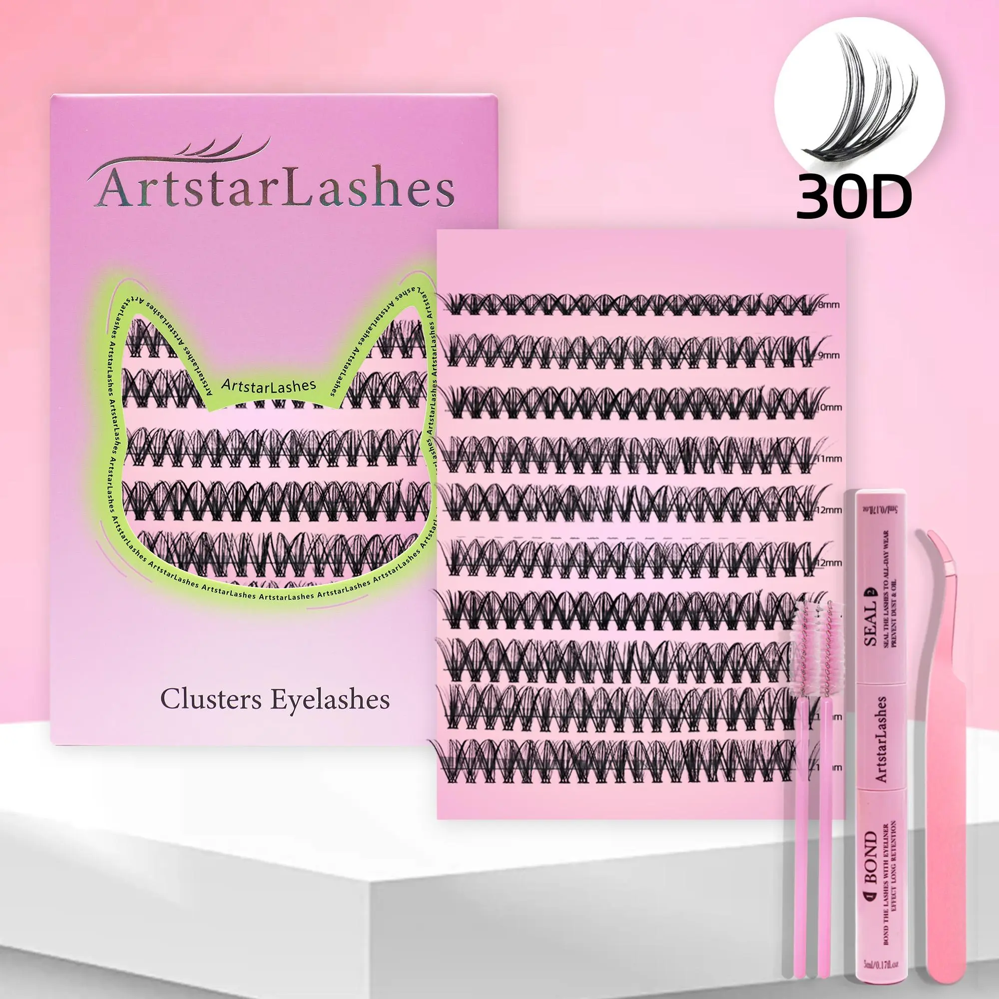 30D D Curl Cluster Eyelashes Kit Mix 8-16mm Individual Lash Clusters DIY Lash Extension Set With Lash Bond Seal Tweezers Natural Wispy Cat Eye Lashes For Daily Makeup