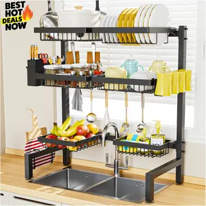 2-Tier 4 Baskets］Over The Sink Dish Drying Rack, 24.8"-35.4", Large Sink Rack for Kitchen, Extensible and Adjustable, Saving Kitchen Space Over The Sink Dish Rack  Dish Drying Rack Kitchen Organizer Sink Organizer Rack  Space Saving Dish RacK 1.1