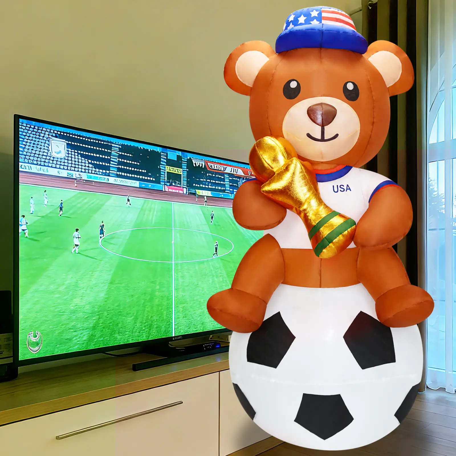 6FT Giant Inflatable Bear Sitting Soccer Ball with Golden Trophy, Blow Up Inflatables with Built-in LED Light Sports Competition Party Decor for Yard Lawn Indoor Outdoor