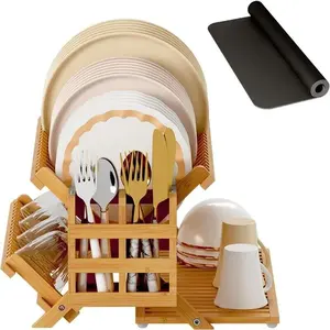 Bamboo Dish Drying Rack with Utensil Holder, 3 Tier Collapsible Dish Rack, Wooden Dish Racks for Kitchen Counter