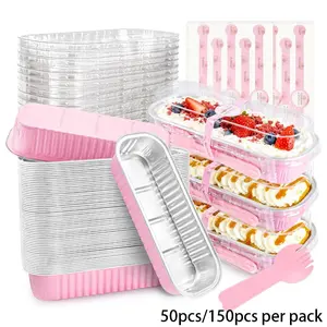 50pcs/150pcs Mini Cake Pans with Lids and Spoons, Small Aluminum Foil Loaf Pans，6.8oz Mini Cake Pans for Baking, Rectangular Baking Containers for Party and Picnics, Cupcake Containers Wrappers Cheesecake Creme Brulee Ramekins ,Mother's Day Gift