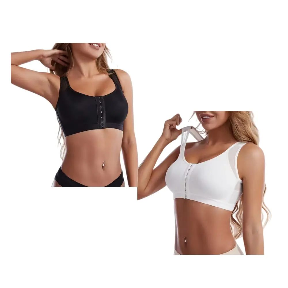 Women's Adaptive Wireless Front-Closure Posture Bra 2-Pack - Wide Mesh Shoulder Straps, Chest Lift, Anti-Sagging Compression Support for Everyday Yoga, Post-Surgery Recovery