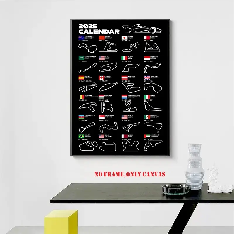 1 Pc, frameless, 2025 F1 World Circuit Poster, printed canvas Photo, wall art Decoration, Aesthetic wall decor, Minimalist, sports car, Grand Prix, timetable painting designed for car enthusiasts, suitable for living room, bedroom, office, art gift