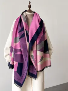 Colorblock Geometric Print Tassel Decor Scarf, Boho Style Scarf, Casual Soft Warm Shawl for Women & Men, Fashion Accessories for Fall & Winter