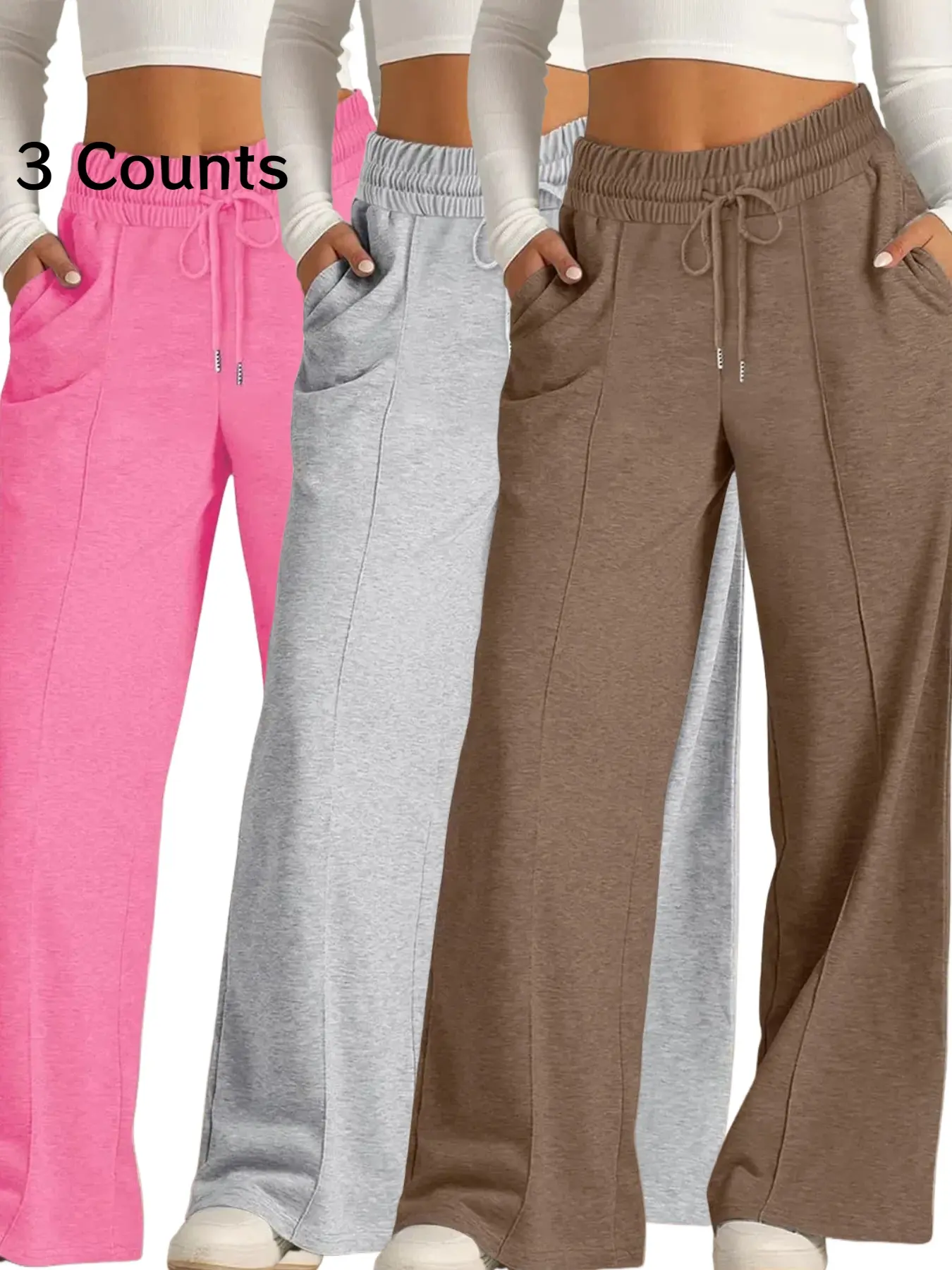 Women's Solid Color Drawstring Adjustable Waist High-Waist Wide Leg Pants, Loose-Fitting Casual Trousers with Pockets for All Seasons, Comfortable Daily Wear, Casual Lounge Pant