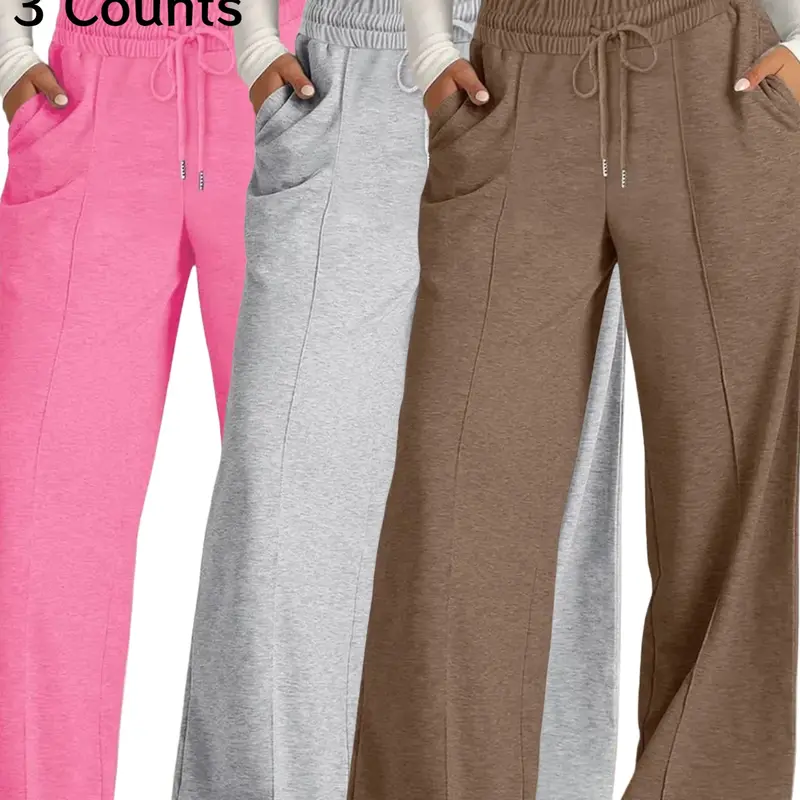 Women's Solid Color Drawstring Adjustable Waist High-Waist Wide Leg Pants, Loose-Fitting Casual Trousers with Pockets for All Seasons, Comfortable Daily Wear, Casual Lounge Pant