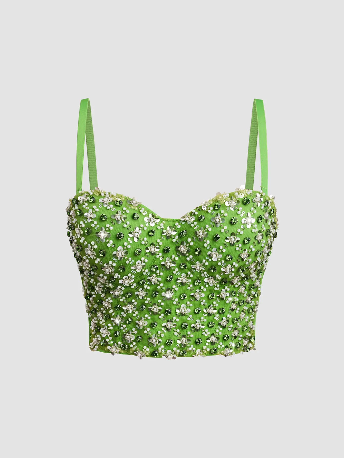 Heavy Embroidery Sexy Bustier Top | Pearl & Christmas Color Floral Beaded Strapless Top with Hotfix Rhinestones Women's Corset Top with Rhinestones Ruched Spaghetti Strap Crop Cami Womenswear Bohemian