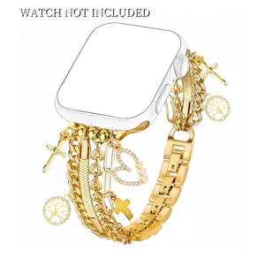 Fashion metallic Watch Band, Cuban Chain Watch Band with Shiny Cute Heart Pendant, Smart Watch Accessories Compatible with iWatch Series 10 9 8 7 6 5 4 3 SE Ultra 2, Wearable, Smart Watch Straps