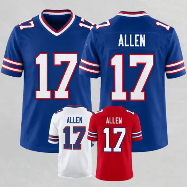 Full Print Royal Blue/Red Allen #17 Football Jersey, Men’s Breathable Short Sleeve V Neck Athletic Wear, Classic Retro Game Day Style, Football Fan Merchandise, Player Number Graphic Print, Cool Gift for Fans
