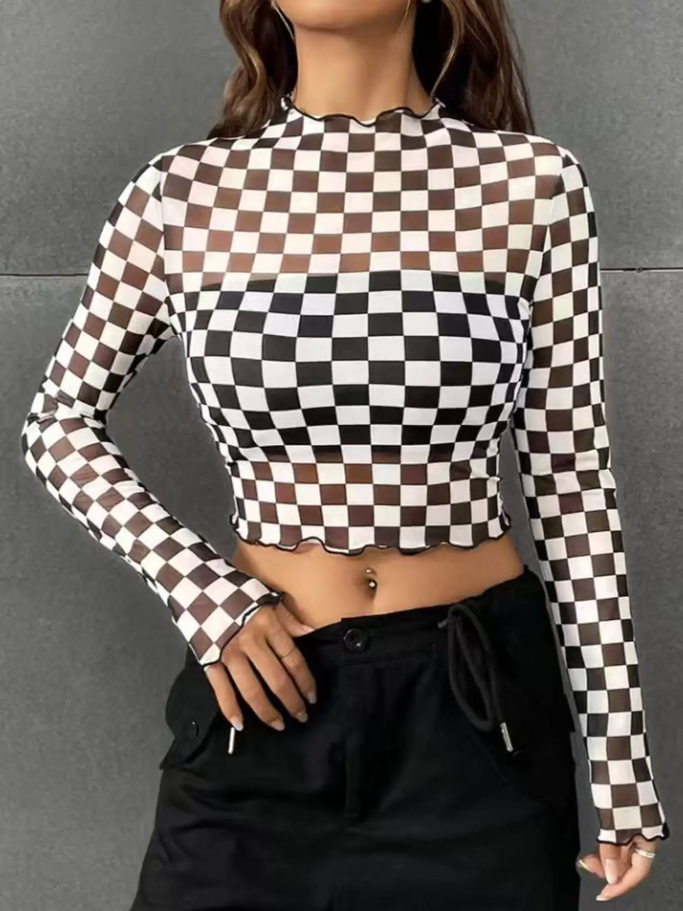 Checkered Plaid Short Top Sexy Navel Cut-Out New American Style Fashion Aesthetic Thin Tight-Fitting Bodycon Fitted Top Long Sleeve T-Shirt for Women Checkerboard Womenswear