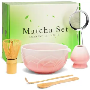 Matcha Whisk Set, Lotus Gradient Pink Ceramic Matcha Set Includes Matcha Bowl, Matcha Whisk (Chasen) and Holder, Sifter, Bamboo Scoop & Spoon - 6 Pcs Matcha Kit for Matcha Lovers