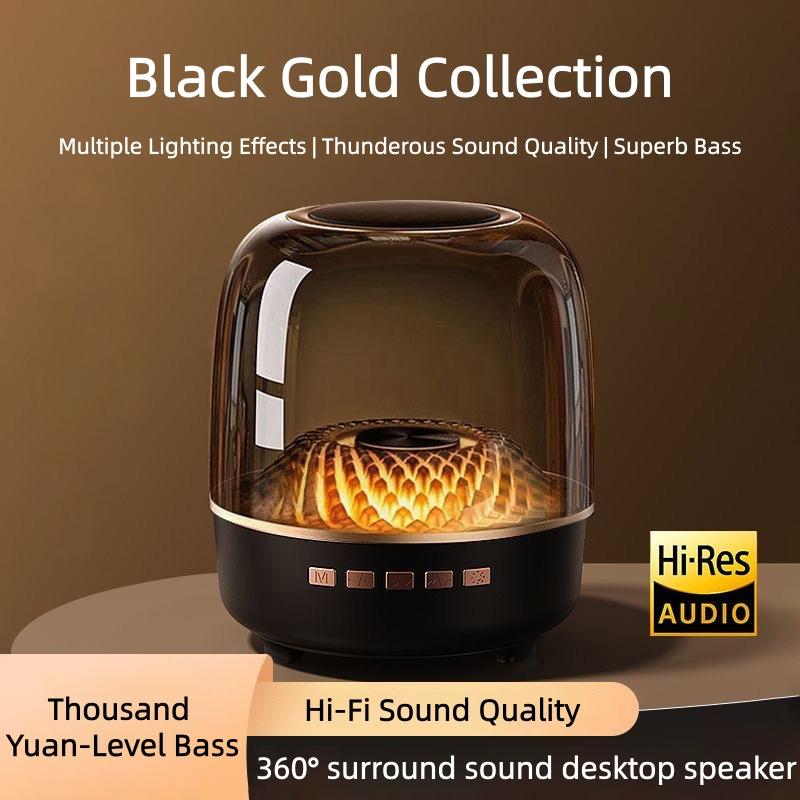 Black and gold Bluetooth speaker, Hi-Res certified, 360° surround sound, 9D deep bass, Bluetooth 5.3, ambient lighting, high-definition vocals, perfect for home theater/gaming and music listening, compatible with all devices