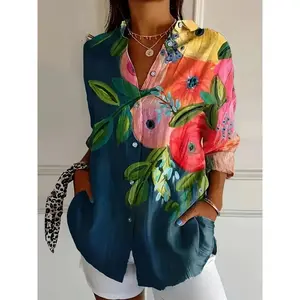 Plus Size Vibrant Floral Print Casual Shirt - Lightweight, Long Sleeve with Collar, Machine Washable, Polyester Blend - Perfect for Spring/Fall Fashion, Plus Size Blouses Top Womenswear