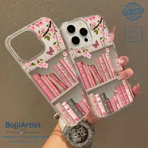 BojjiCo Coquette Pink Bookshelf Airclear Phone Case for Women and Girls, Cute BookTok Aesthetic Floral Cherry Blossom Butterfly Book Lover Transparent Protective Cover, Preppy Soft Girl Pink Phone Accessories Gift, Smartphone, Handheld