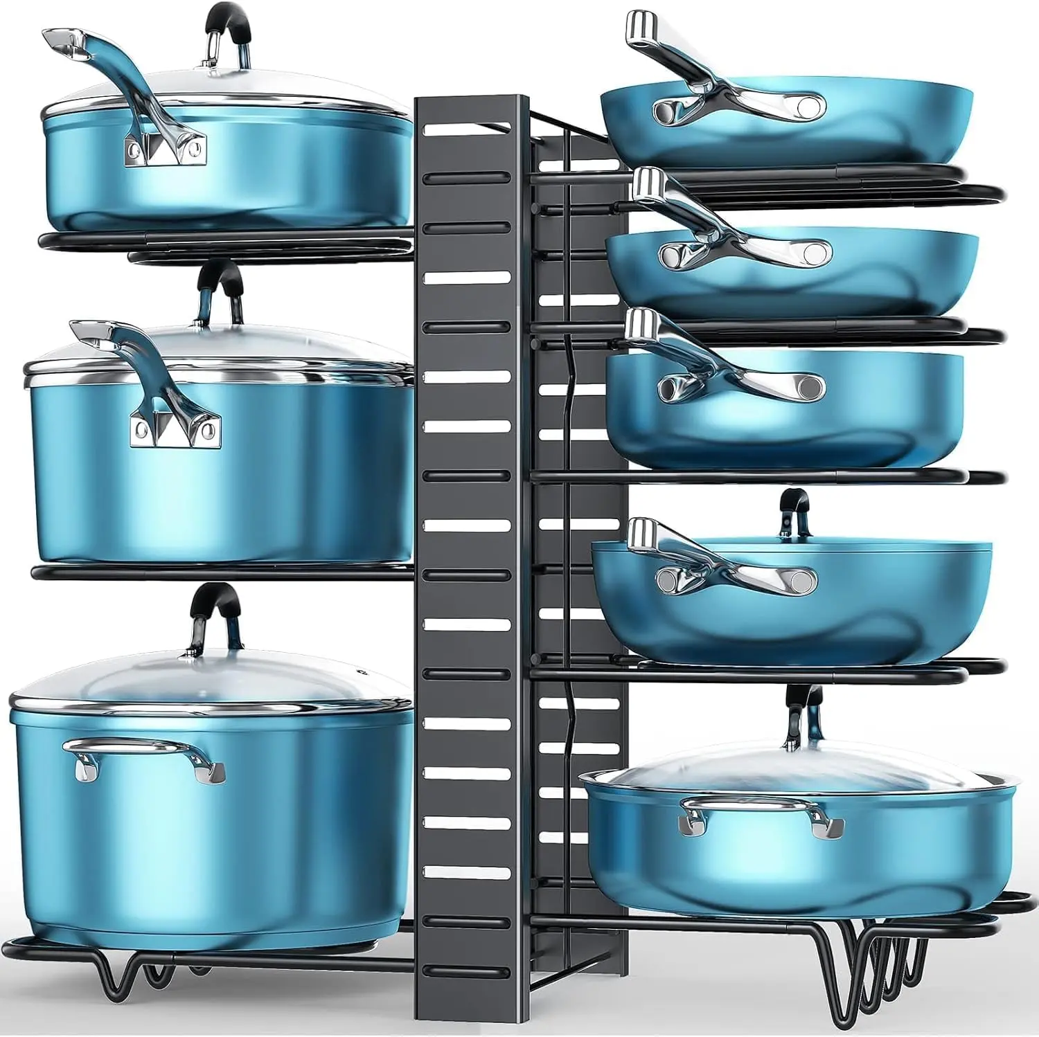Pots and Pans Organizer Under Cabinet, 8-Tier Adjustable Cookware Rack, 3 Setup Options, Tool-Free Assembly, Non-Slip Kitchen Storage for Cabinets & Countertops