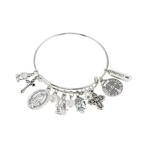 Summer Spring Gift Catholic Charm Bracelet with St. Benedict, St. Michael, Miraculous Medal, Four-Way Cross & Crucifix Pendants – 7.5 Inch Religious Bracelet