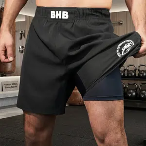 2-in-1 BJJ MMA Fight Shorts with Built-in Compression Lining - Grappling Brazilian Jiu Jitsu No-Gi Training Shorts for Combat Sports, Wrestling, Muay Thai, Durable Lightweight Breathable Men's Athletic Wear