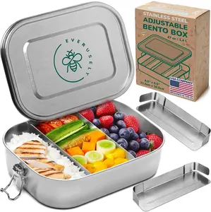 Everusely Stainless Steel Lunch Box 47 oz 1.4 L with 2 Adjustable Dividers Leakproof Snack Salad Bento Containers for Adults Food Storage Boxes with Lids for Work Picnics Travel