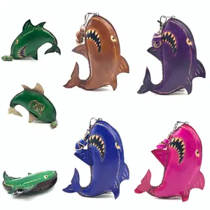 Handmade Genuine Leather 3D Animal Shark Coin Purse with Removable wrist strap