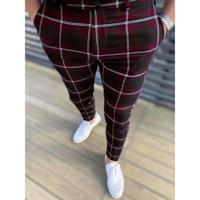 Elegant Plaid Slacks, Men's Casual Stretch Vintage Style Slightly Stretch Dress Pants
