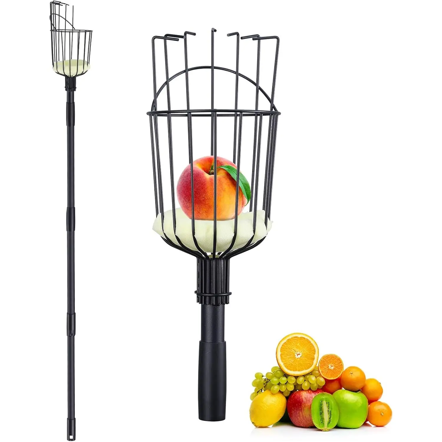 Fruit Picker Pole Tool with Basket, 7.3 FT (88 Inch) Adjustable Fruit Grabber Reacher Tool Long Handle Fruit Catcher for Apple Lemon Pear Citrus Mango Tree Gardening Supplies, Black
