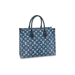 Louis Vuitton OnTheGo MM Tote Bag for Women – Monogram Canvas with Denim and Leather, Contrast Stitching, Jungle Style, Blue