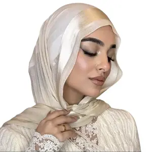 Women's Headscarf, Shawl, Pleated Chiffon with Stripes, Naturally Wrinkled Design, Natural Color, Versatile