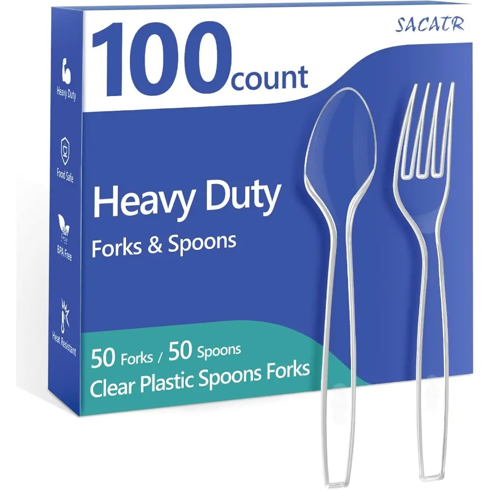 Disposable Plastic Heavy-Duty Utensils Set - 50 Forks, 50 Spoons, BPA-Free, Heat-Resistant, Non-Toxic Disposable Dinnerware for Parties, Everyday Use