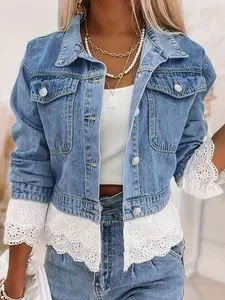 Women's Fashionable Lace-Trimmed Short Denim Jacket, Patchwork Lace Casual Denim Top, Suitable For Spring And Autumn.