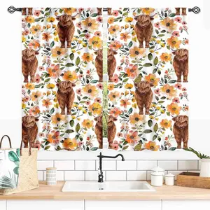 Farmhouse Highland Cow Curtains, Rustic Farm Animal Watercolor Floral Cow Pattern Rural Country Style Western Cottage Window Curtains for Cafe Bedroom Living Room Kitchen Bathroom, 27.5x39 Inch