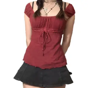 Women Y2k Cute Crop Top Y2k Girls Fairycore Aesthetic Tie front T-shirt Top Vintage Shirt Sleeve Fairy Grunge Shirt Streetwear