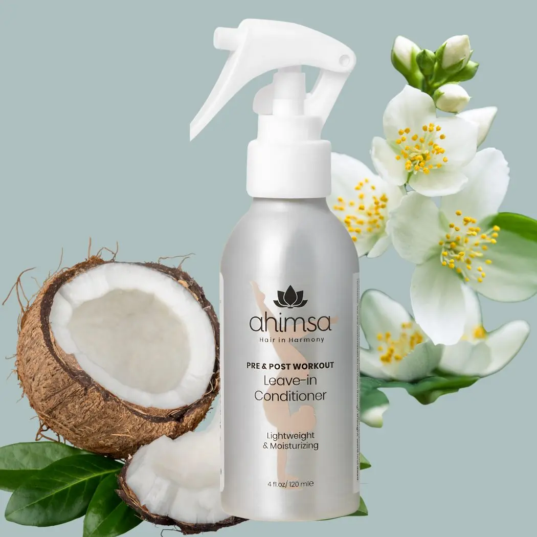 Ahimsa Leave-in Conditioner with Coconut Oil & Indian Goosberry - Silicone Free - Pre & Post Workout Formula for Frizz Control & Shine - 100% Plant Ingredients, Vegan, Sulfate-Free, 4 oz