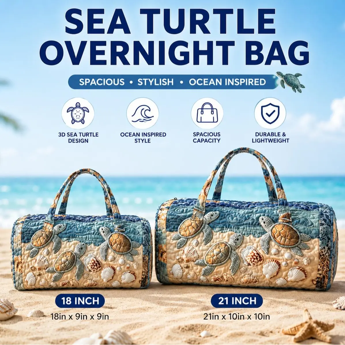 Sea Turtle Quilted Duffel Bag | Large Capacity Travel & Gym Tote
