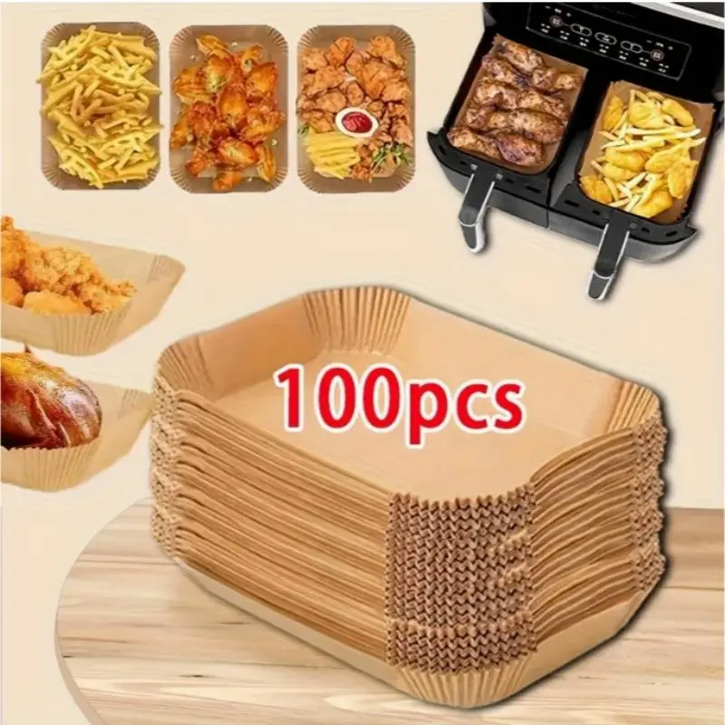 Non-Stick Air Fryer Baking Paper Liners, 50pcs & 100pcs, 8.66x5.51x1.77 Inches, High Temperature Resistant, Food Safe, Holiday Kitchen Essentials, Bakeware, Baking Accessories, Baking Supplies, Home