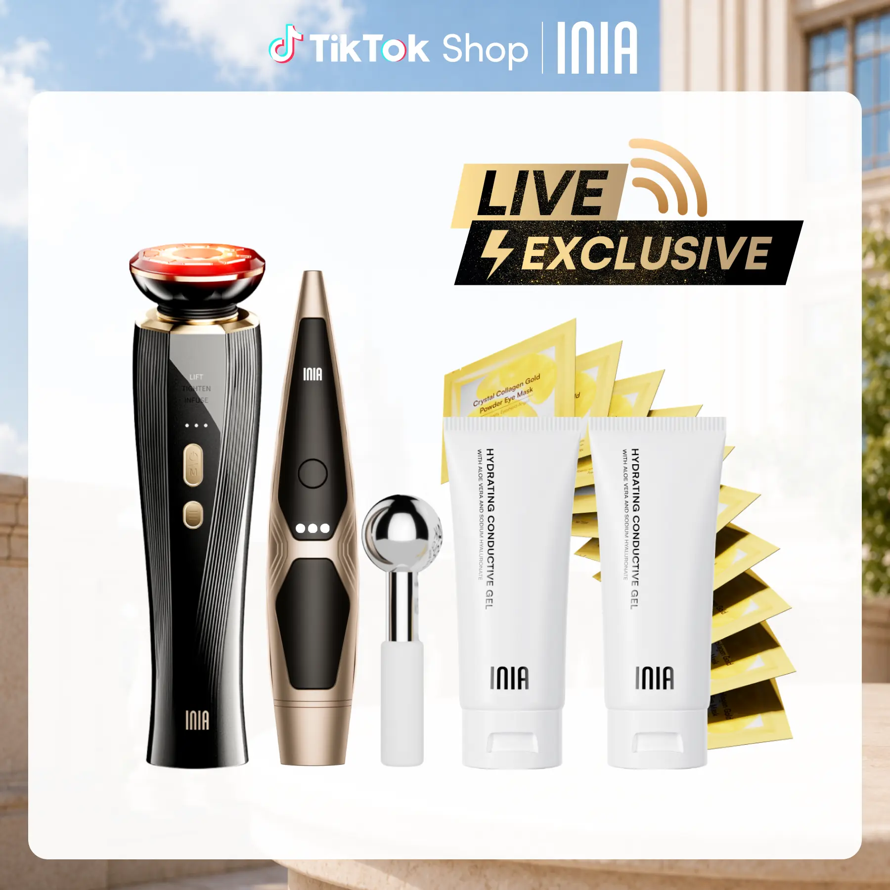 【LIVE EXCLUSIVE】INIA FLARE & LUMIN Facial & Eye Skincare Bundle – 3-in-1 Face + 4-in-1 Eye Beauty Devices for Lifting, Tightening, Reducing Puffiness & Fine Lines,Buy 1 Get 15