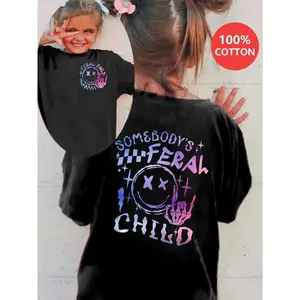 [Cotton T-shirt] 100% Pure Cotton Cartoon Children's T-shirt |   Fashion Girl SOMEBODY'S FERAL CHILD Front and Back Printed