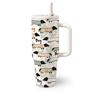1 Pc 40 Oz Stainless Steel Water Cup with Handle and Straw, Cartoon Dachshund Dog Pattern with Letter Design, Double Wall Insulated Thermal Mug, Hot 12H/ Cold 24H, Fun Drinkware, Perfect Mother’s Day, Birthday and Holiday Gift for Friends and Family.