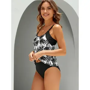 2026 Women’s Swimsuits: Tankini, One-Piece, Bikinis, and Bathing Suits Black & White Palm Tree Tankini Set - Racerback Tank Top with Dense Tropical Print, High-Waisted Black Bottoms, Sleek Beach Swimwear hollister curvy swim non tie bathing suit, High-Wai
