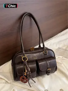 Women's Fashionable Solid Color Shoulder Bag, Large Capacity Multi-pocket Crossbody Bag with Bag Charm, Casual Trendy Versatile High-quality Daily Commuting Bag, Casual Commuter Bag, Elegant Shoulder Bag