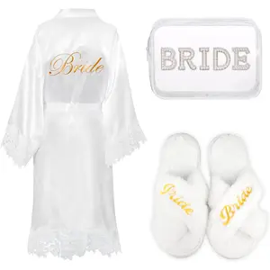 Bride Robe for Wedding Day Set with Makeup Bag, Slippers, Lace Trim White Robe -Short Getting Ready Wedding Robes Bridesmaids Bride Gifts