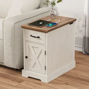 HOMMPA Farmhouse End Table with Charging Station, 23.6'' Rustic End Table w/Barn Door Roman Column Design, Skinny Side Table with Distressed Surface, Wood Sofa Side Table for Living Room Rustic White