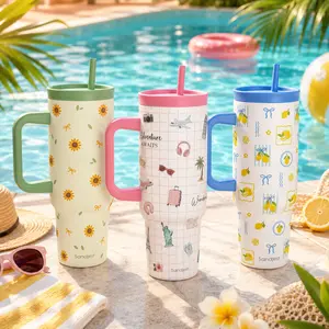 SANDJEST Summer 40oz Locking Lid Silicone Straw Tumbler with Handle, Leak Proof Insulated Stainless Steel Travel Mug, Cup Holder Friendly Base