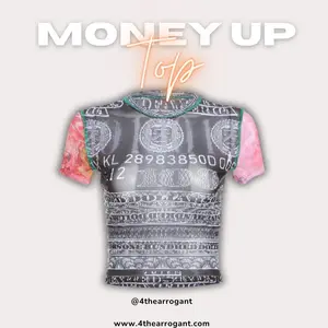 Money up top. Sheer multi color cropped Top with money design all over.