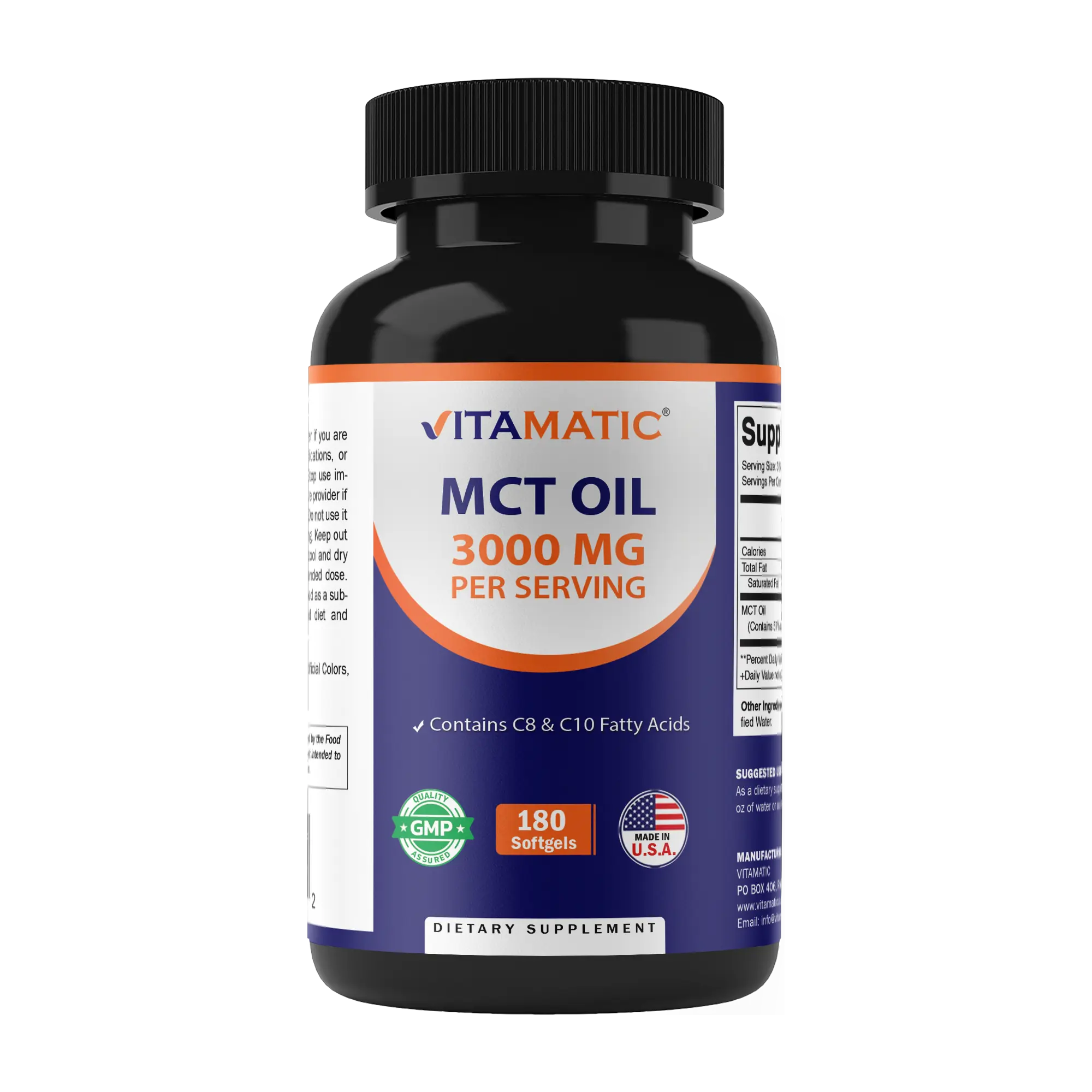 Vitamatic Premium Coconut MCT Oil Capsules - 3000mg per Serving, 180 Count, Fat-Rich Dietary Supplement, 55% C8 Caprylic Acid, 40% C10 Capric Acid, GMP Certified, Gluten Free, Ketosis Support, Metabolism Boost