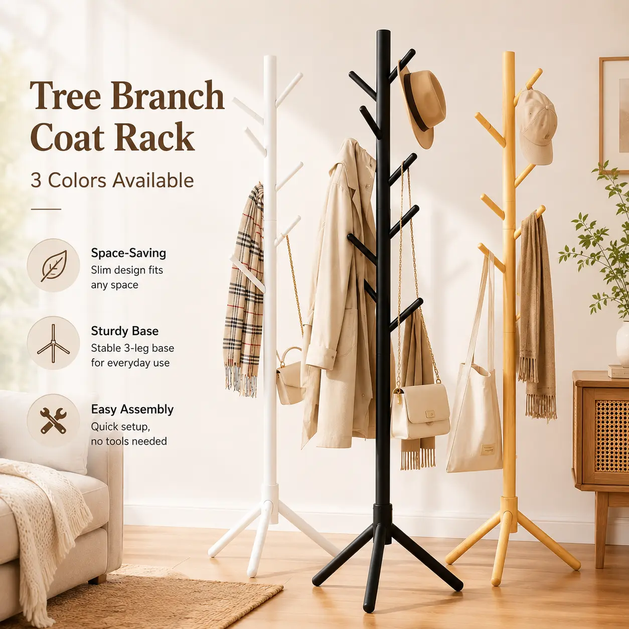Freestanding Wooden Coat Rack - 172cm Tree-Shape Stand, Multiple Hooks, Stable Tripod Base, Space-Saving Coat Storage for Entryway, Bedroom Home Organizer